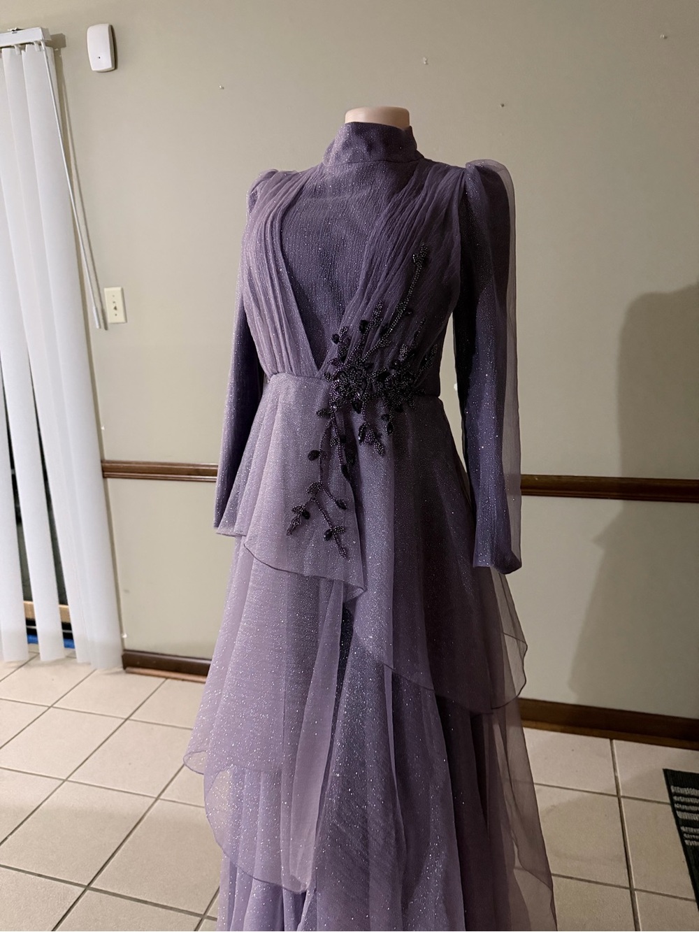 Elegant Lavender High-Neck Tiered Muslim Evening Dress